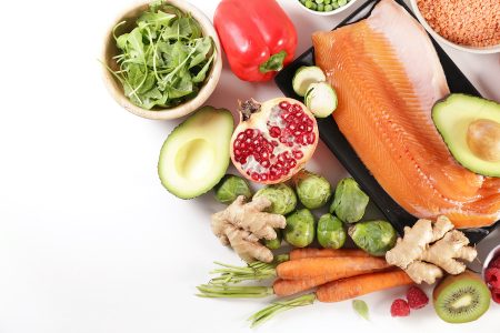 health food selection with fish, fruit and vegetable